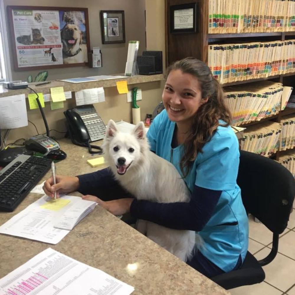 Woman, dog at desk.